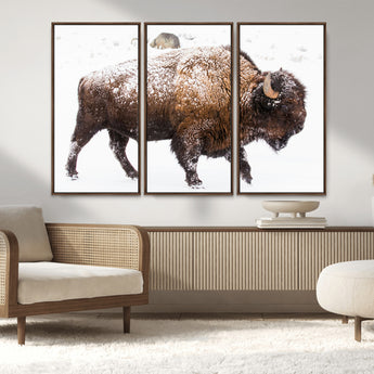 94261165-MGV-CV-36X24-Snowy Buffalo Wall Art Canvas Print, Framed Wildlife Photography Art Picture Print, Brown Tones Perfect Rustic Lodge Decor Decor