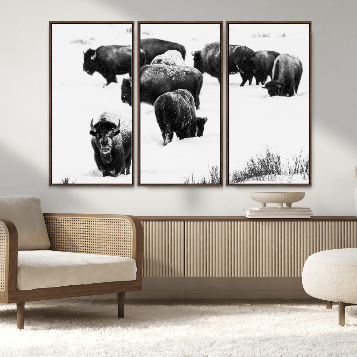 18914414-MGV-CV-36X24-Buffalo Herd Wall Art Canvas Print, Framed Black and White Art Picture Print, Snowy Landscape Perfect Rustic Lodge Decor Decor