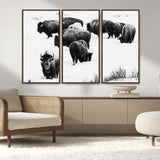 18914414-MGV-CV-36X24-Buffalo Herd Wall Art Canvas Print, Framed Black and White Art Picture Print, Snowy Landscape Perfect Rustic Lodge Decor Decor