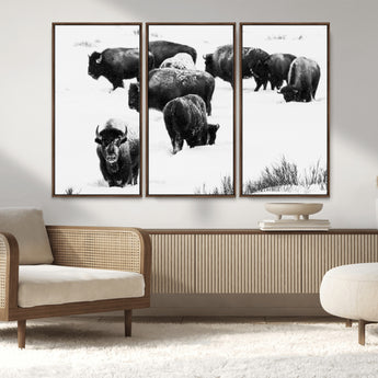 18914414-MGV-CV-36X24-Buffalo Herd Wall Art Canvas Print, Framed Black and White Art Picture Print, Snowy Landscape Perfect Rustic Lodge Decor Decor
