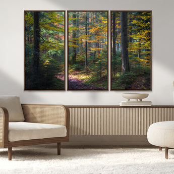 65810864-MGV-CV-36X24-Autumn Forest Wall Art Canvas Print, Framed Fall Woodland Art Picture Print, Golden Leaves Perfect Rustic Farmhouse Decor Artwork