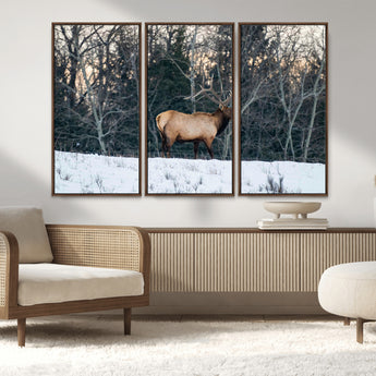 36533178-MGV-FC-48X32-3P_Walnut-Wild Elk Photography Wall Art Canvas Print, Framed Winter Wildlife Art Picture Print, Snowy Forest Perfect Rustic Lodge Decor