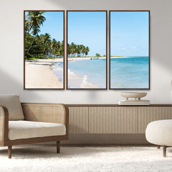 37858872-MGV-FC-48X32-3P_Walnut-Palm Tree Coast Wall Art Canvas Print, Framed Island Getaway Art Picture Print, Crystal Blue Water Perfect Tropical Coastal Decor