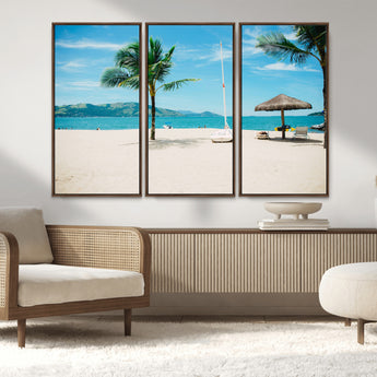 42623350-MGV-FC-48X32-3P_Walnut-Tropical Beach Wall Art Canvas Print, Framed Palm Tree Art Picture Print, Ocean View Perfect Tropical Coastal Decor Artwork