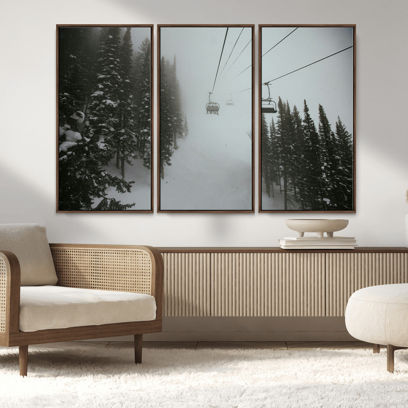 87018452-MGV-CV-36X24-Ski Lift Wall Art Canvas Print, Framed Snowy Pines Art Picture Print, Misty Landscape Perfect Winter Serenity Decor Artwork