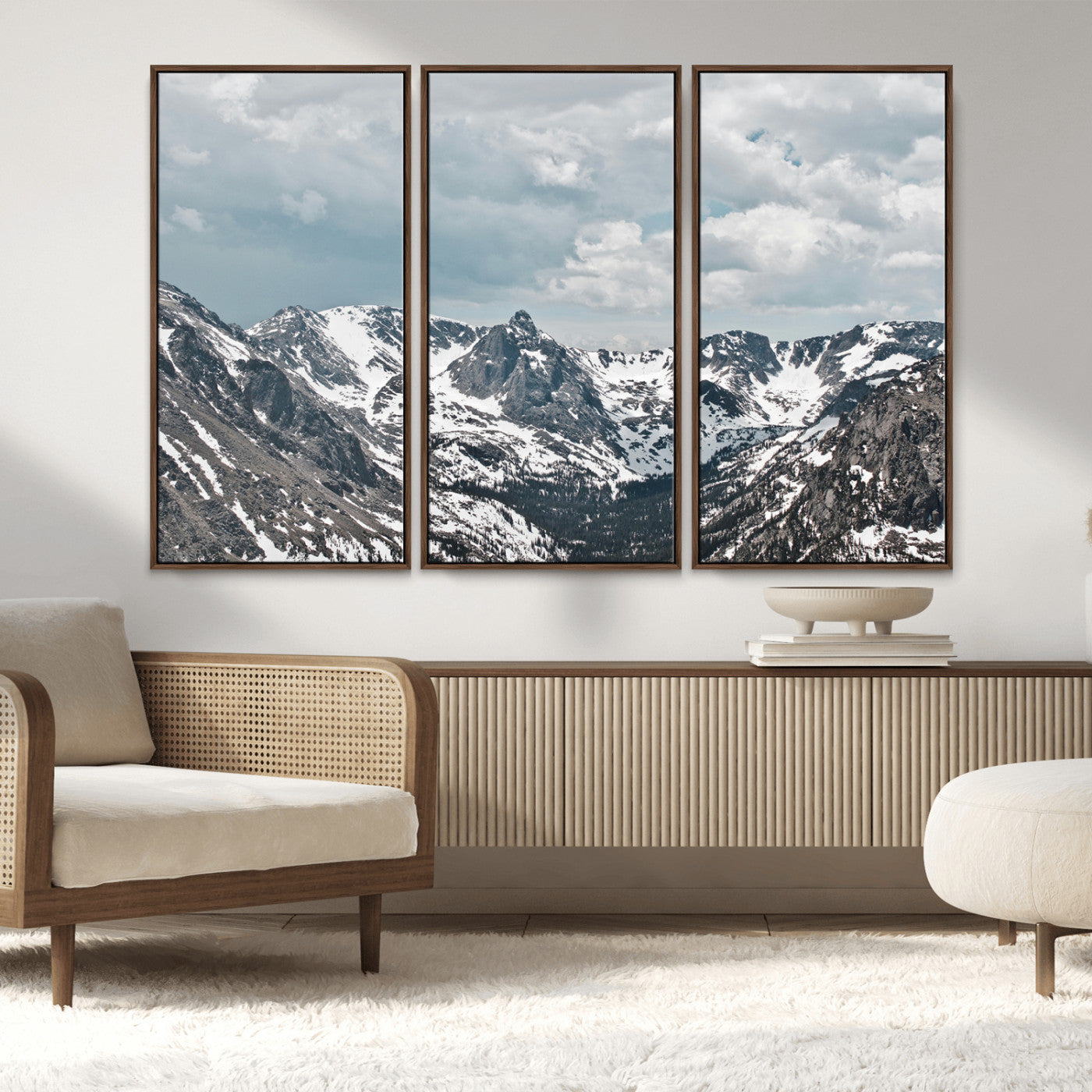 94074619-MGV-FC-48X32-3P_Walnut-Snowy Peaks Wall Art Canvas Print, Framed Alpine Wilderness Art Picture Print, Mountain Escape Perfect Winter Serenity Decor