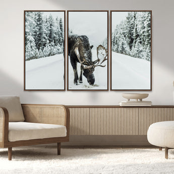 13316292-MGV-FC-48X32-3P_Walnut-Moose in Snow Wall Art Canvas Print, Framed Winter Wildlife Art Picture Print, Snowy Forest Scene Perfect Rustic Lodge Decor