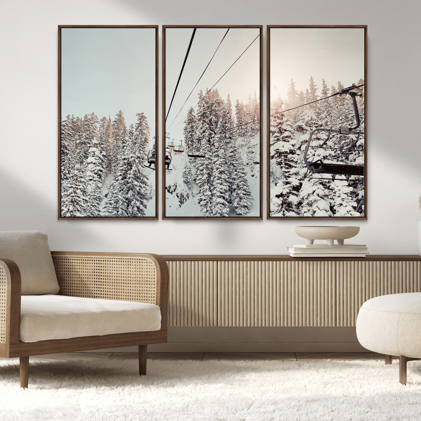 91534512-MGV-CV-36X24-Frosty Pines Wall Art Canvas Print, Framed Cozy Cabin View Art Picture Print, Ski Lift Ride Perfect Rustic Lodge Decor Artwork
