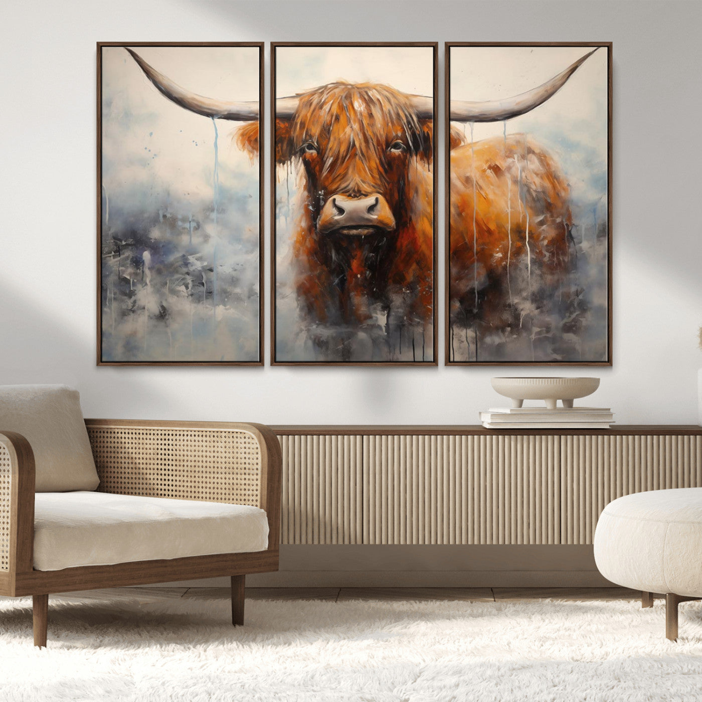 X61001-MGV-FC-48X32-3P_Walnut-Scottish Highland Wall Art Canvas Print, Framed Longhorn Art Picture Print, Western Cow Perfect Farmhouse Decor Artwork