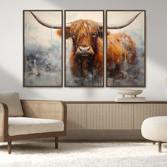 X61001-MGV-FC-48X32-3P_Walnut-Scottish Highland Wall Art Canvas Print, Framed Longhorn Art Picture Print, Western Cow Perfect Farmhouse Decor Artwork