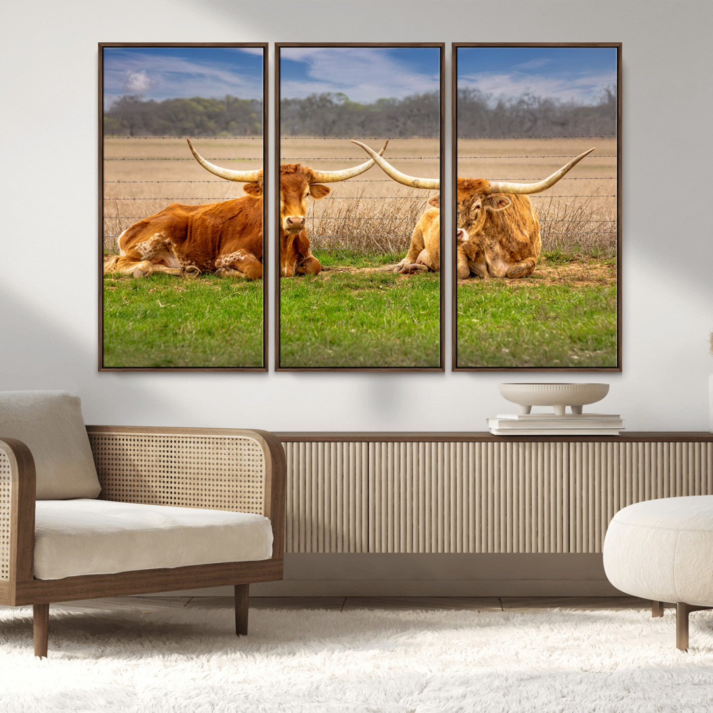 54598515-MGV-FC-48X32-3P_Walnut-Texas Longhorns Wall Art – Rustic Cattle Ranch Canvas Print, Western Farmhouse Animal Photography Decor for Living Room, Office,