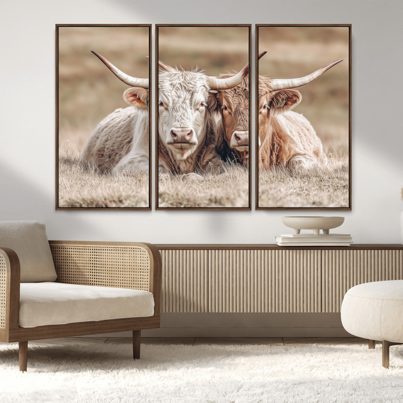 38651722-MGV-FC-48X32-3P_Walnut-Cow Wall Art – Rustic Longhorn Pair Canvas Print, Western Farmhouse Animal Painting, Country Ranch Decor for Living Room, Bedroom,
