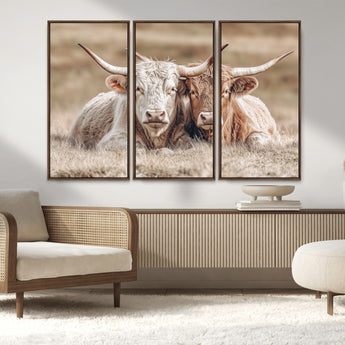 38651722-MGV-FC-48X32-3P_Walnut-Cow Wall Art – Rustic Longhorn Pair Canvas Print, Western Farmhouse Animal Painting, Country Ranch Decor for Living Room, Bedroom,
