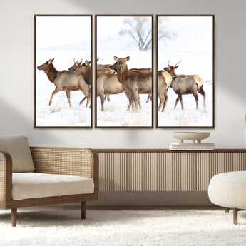 41416314-MGV-CV-36X24-Elk Wall Art – Wildlife Herd Canvas Print in Snowy Landscape, Rustic Nature Painting, Western Cabin Lodge Decor for Living Room,