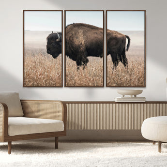 69909079-MGV-FC-48X32-3P_Walnut-Bison Wall Art – Majestic Buffalo Canvas Print in Prairie Grasslands, Rustic Western Animal Painting, Farmhouse Ranch Decor for