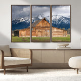 15173627-MGV-CV-36X24-Barn Wall Art – Rustic Wooden Cabin Canvas Print with Snowy Mountain Landscape, Western Farmhouse Country Decor for Living Room,
