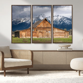 15173627-MGV-CV-36X24-Barn Wall Art – Rustic Wooden Cabin Canvas Print with Snowy Mountain Landscape, Western Farmhouse Country Decor for Living Room,