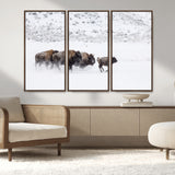 61161423-MGV-FC-48X32-3P_Walnut-Running Bison Herd Wall Art – Winter Buffalo Canvas Print, Wildlife Photography Decor for Rustic Living Room, Farmhouse, Lodge,