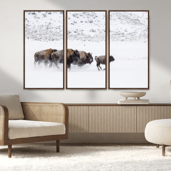61161423-MGV-FC-48X32-3P_Walnut-Running Bison Herd Wall Art – Winter Buffalo Canvas Print, Wildlife Photography Decor for Rustic Living Room, Farmhouse, Lodge,