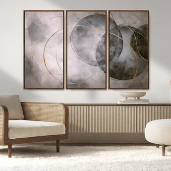 20066876-MGV-FC-48X32-3P_Walnut-Neutral Abstract Circle Wall Art – Modern Gray Beige Gold Canvas Print, Minimalist Geometric Painting for Bedroom, Living Room,