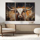 25265572-MGV-FC-48X32-3P_Walnut-Longhorn Bull Wall Art – Rustic Western Texas Steer Canvas Print, Textured Animal Painting for Home, Office, Man Cave or Farmhouse