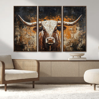 25265572-MGV-FC-48X32-3P_Walnut-Longhorn Bull Wall Art – Rustic Western Texas Steer Canvas Print, Textured Animal Painting for Home, Office, Man Cave or Farmhouse