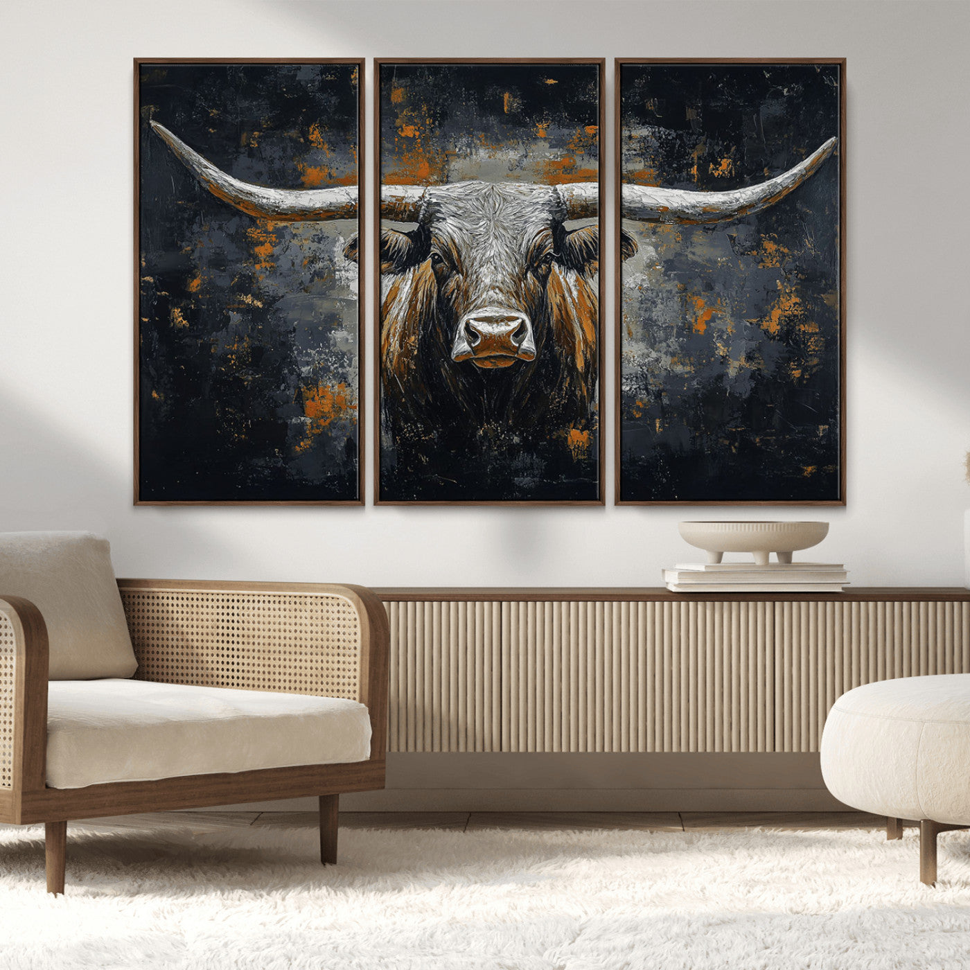 93195031-MGV-FC-48X32-3P_Walnut-Dark Longhorn Bull Wall Art – Western Steer Canvas Print, Moody Rustic Animal Painting for Man Cave, Ranch House, Office or Modern