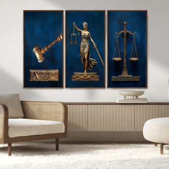 91629053-MGV-CV-36X24-Lady Justice Wall Art – Golden Gavel and Scales Canvas Print, Elegant Legal Office Decor for Lawyers, Judges, Courtroom or Study