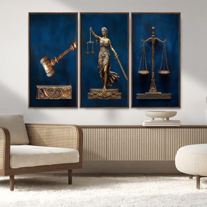 91629053-MGV-CV-36X24-Lady Justice Wall Art – Golden Gavel and Scales Canvas Print, Elegant Legal Office Decor for Lawyers, Judges, Courtroom or Study