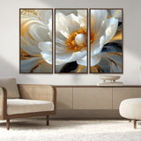 39604126-MGV-CV-36X24-Abstract Flower Wall Art – Elegant White and Gold Bloom Canvas Print, Modern Floral Artwork for Bedroom, Living Room, or Office