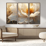 29539087-MGV-FC-48X32-3P_Walnut-Floral Wall Art – Elegant White and Gold Bloom Canvas Print, Romantic Modern Flower Artwork for Bedroom, Living Room, or Office