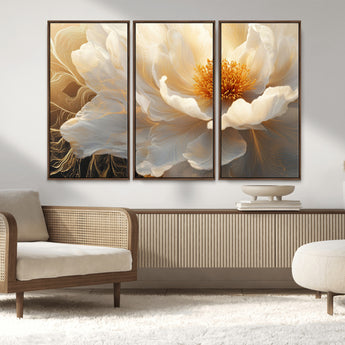 29539087-MGV-FC-48X32-3P_Walnut-Floral Wall Art – Elegant White and Gold Bloom Canvas Print, Romantic Modern Flower Artwork for Bedroom, Living Room, or Office