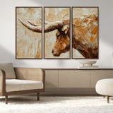 69611428-MGV-FC-48X32-3P_Walnut-Longhorn Bull Wall Art – Rustic Western Canvas Print, Textured Farmhouse Cattle Painting for Living Room, Office, or Ranch House