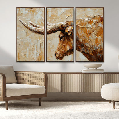 69611428-MGV-FC-48X32-3P_Walnut-Longhorn Bull Wall Art – Rustic Western Canvas Print, Textured Farmhouse Cattle Painting for Living Room, Office, or Ranch House