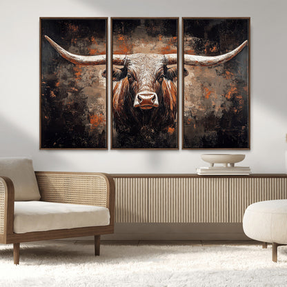 24779067-MGV-FC-48X32-3P_Walnut-Longhorn Bull Wall Art – Western Rustic Canvas Print, Bold Cowboy Cattle Painting for Ranch House, Farmhouse, Office, or Living