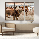 47758300-MGV-FC-48X32-3P_Walnut-Texas Longhorn Cattle Wall Art – Rustic Western Herd Canvas Print, Cowboy Ranch Farmhouse Decor for Living Room, Office, or