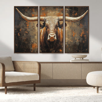 19204445-MGV-CV-36X24-Texas Longhorn Bull Wall Art – Rustic Western Canvas Print, Bold Cowboy Cattle Painting for Ranch House, Farmhouse, Office, or