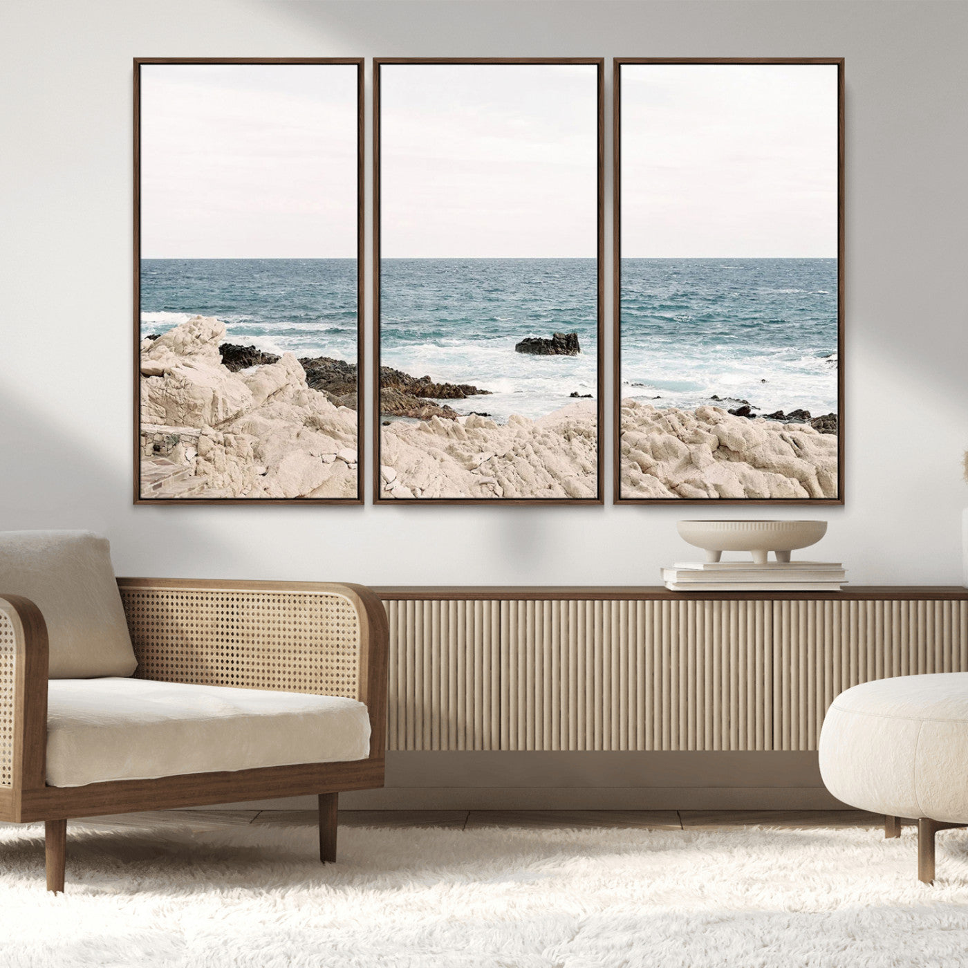 25481980-MGV-FC-48X32-3P_Walnut-Ocean Coastal Wall Art – Rocky Shoreline and Waves Canvas Print, Serene Beach Landscape Decor for Living Room, Bedroom, or Office