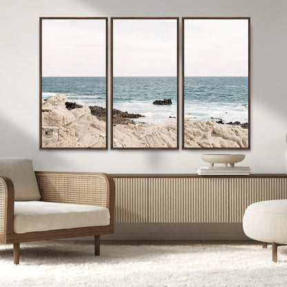 25481980-MGV-FC-48X32-3P_Walnut-Ocean Coastal Wall Art – Rocky Shoreline and Waves Canvas Print, Serene Beach Landscape Decor for Living Room, Bedroom, or Office