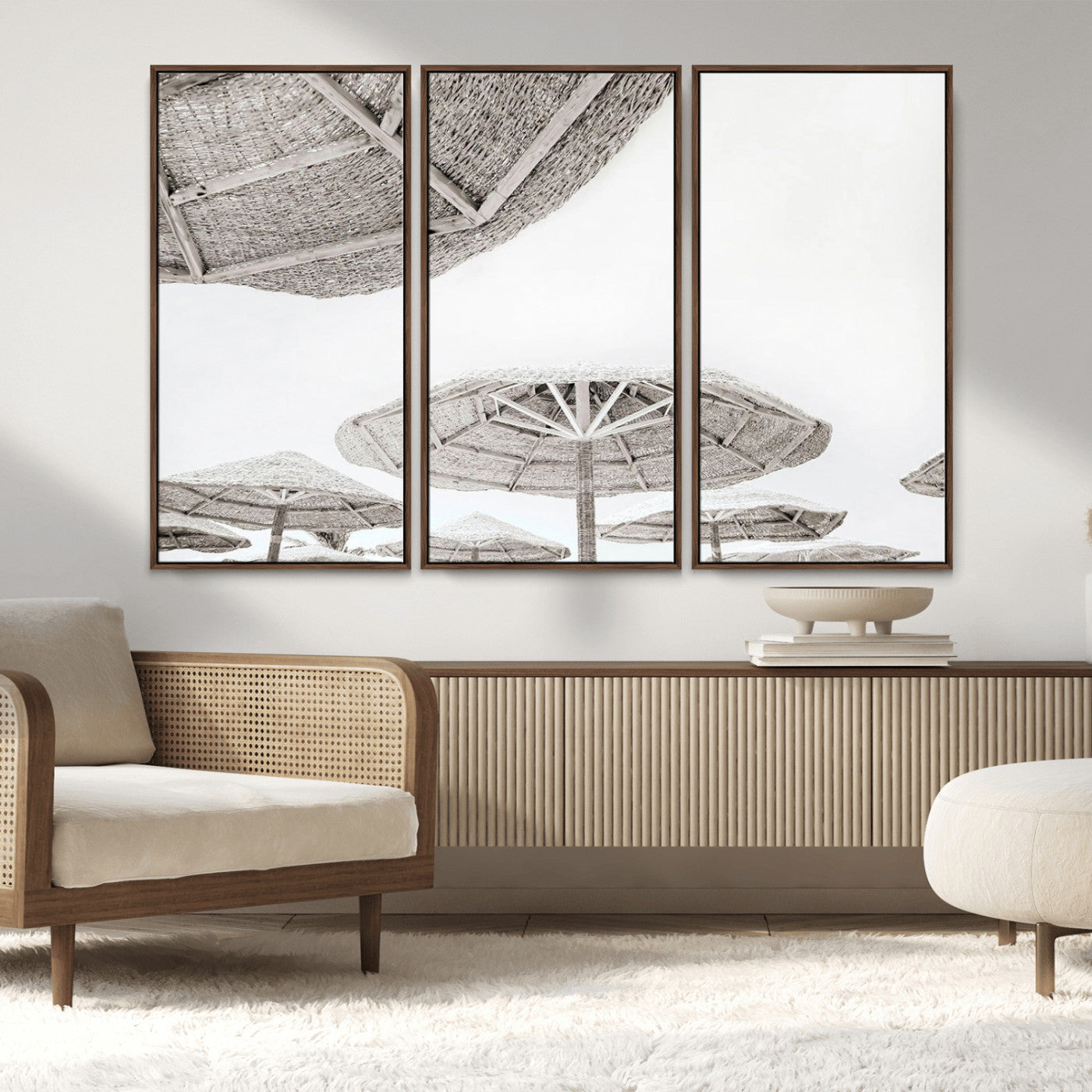 97043123-MGV-FC-48X32-3P_Walnut-Beach Umbrella Wall Art – Minimalist Coastal Canvas Print, Woven Parasol Summer Decor for Bedroom, Living Room, or Modern Beach