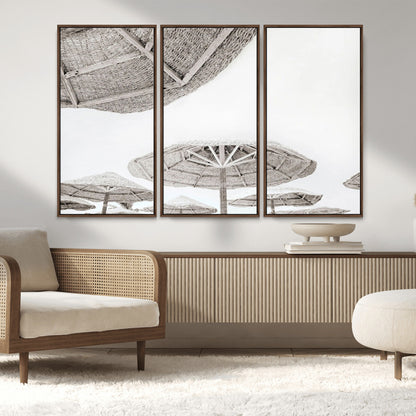 97043123-MGV-FC-48X32-3P_Walnut-Beach Umbrella Wall Art – Minimalist Coastal Canvas Print, Woven Parasol Summer Decor for Bedroom, Living Room, or Modern Beach