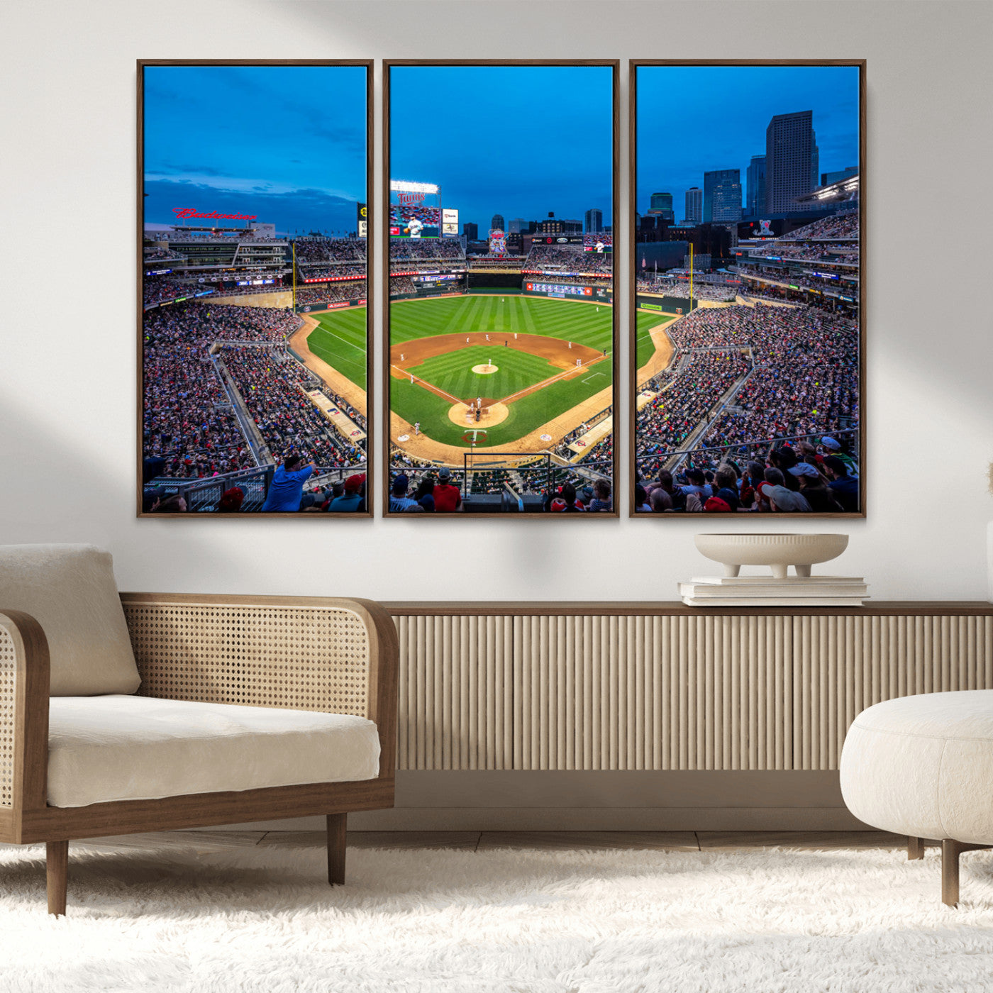77273035-MGV-FC-48X32-3P_Walnut-Baseball Stadium Wall Art – Panoramic Evening Game Canvas Print, Sports Fan Decor for Man Cave, Office, Bar, or Living Room