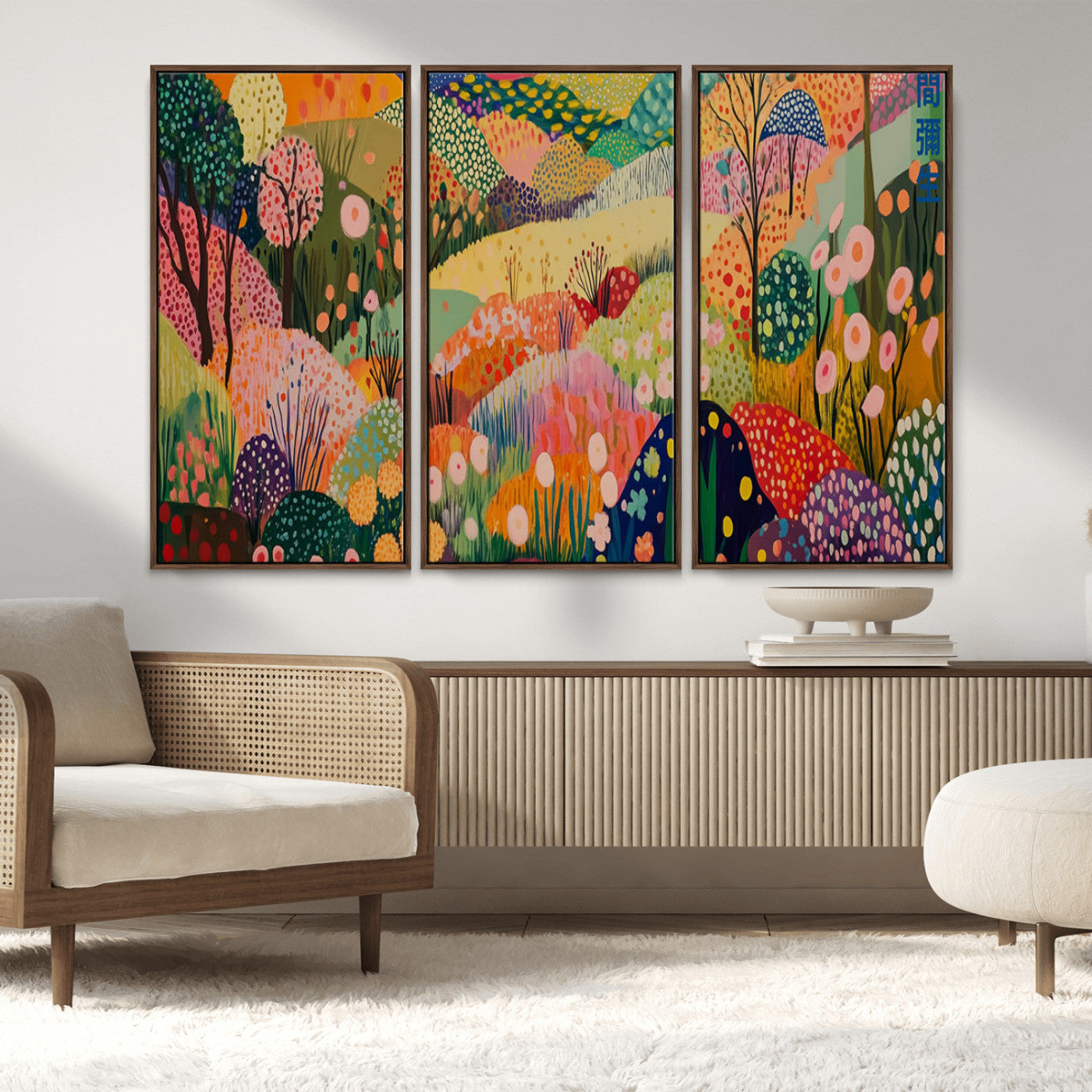79636380-MGV-CV-36X24-Colorful Abstract Landscape Wall Art – Vibrant Hills and Flowers Canvas Print, Modern Whimsical Artwork for Living Room, Bedroom,