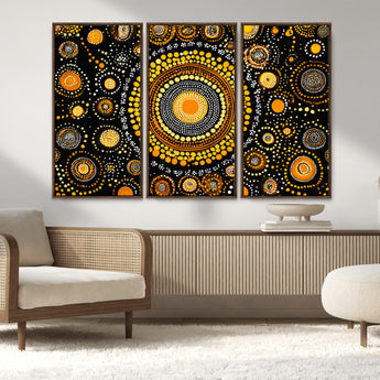45478523-MGV-CV-36X24-Abstract Circle Wall Art – Bold Black and Gold Dot Painting Canvas Print, Modern Geometric Mandala Style Decor for Living Room or