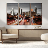 59097239-MGV-FC-48X32-3P_Walnut-City Skyline Wall Art – Modern Black and White Night Canvas Print with Red Light Trails, Urban Landscape Decor for Living Room or