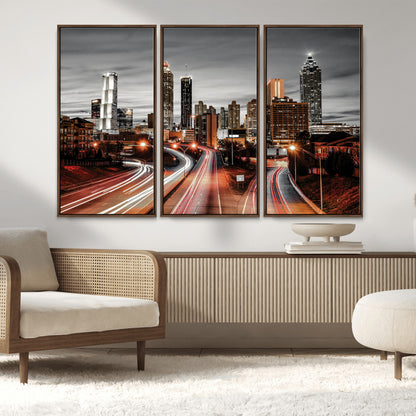 59097239-MGV-FC-48X32-3P_Walnut-City Skyline Wall Art – Modern Black and White Night Canvas Print with Red Light Trails, Urban Landscape Decor for Living Room or
