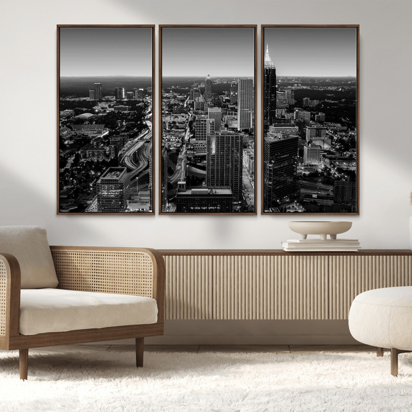46578567-MGV-CV-36X24-Atlanta Skyline Wall Art – Black and White Cityscape Canvas Print, Modern Urban Night Decor for Office, Living Room, or Apartment