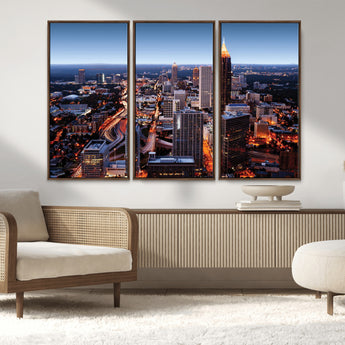 81886632-MGV-FC-48X32-3P_Walnut-Atlanta Skyline Wall Art – Vibrant City Lights Canvas Print, Modern Urban Cityscape Decor for Living Room, Office, or Apartment