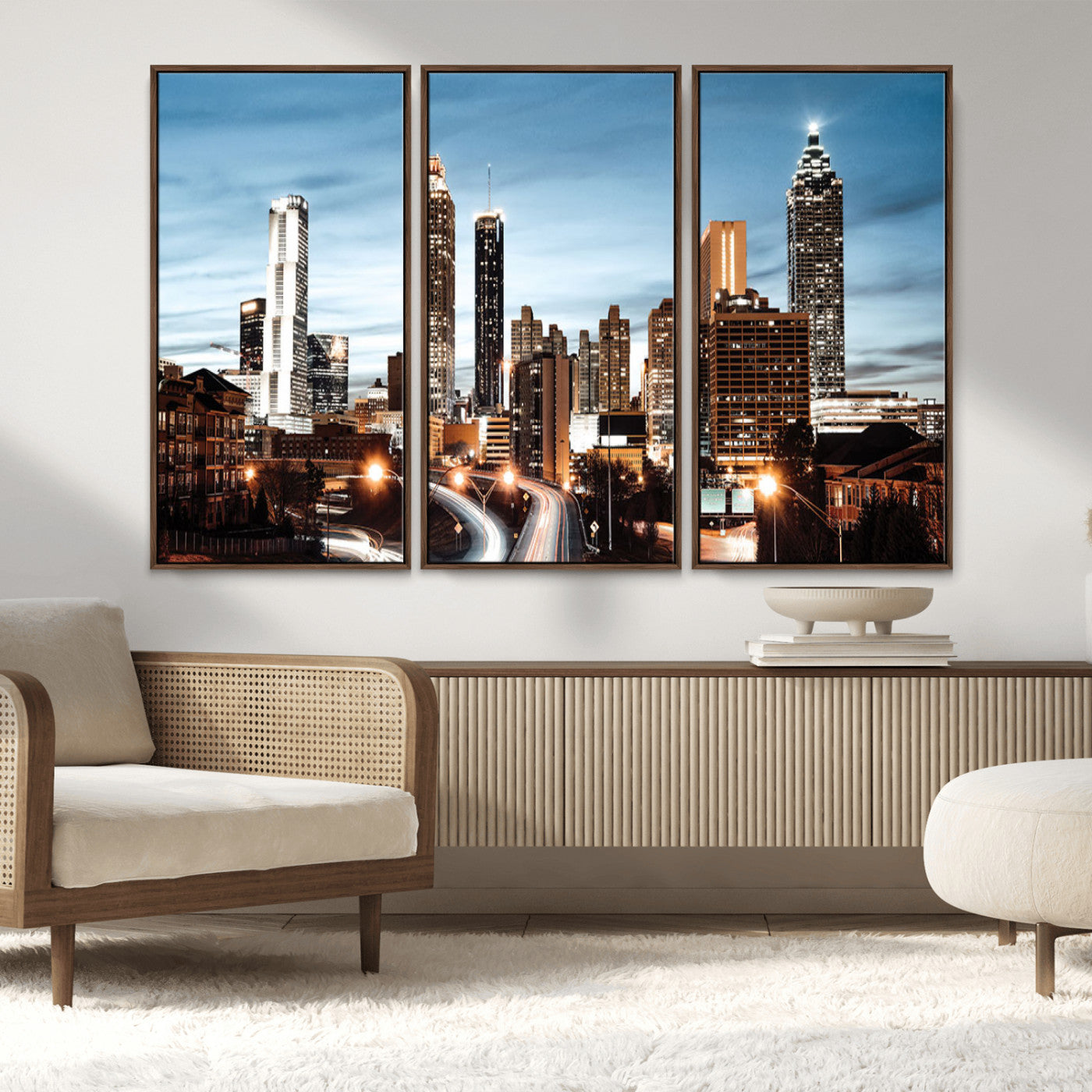 23859158-MGV-FC-48X32-3P_Walnut-Atlanta Skyline Wall Art – Modern Cityscape Canvas Print with Night Lights and Traffic Trails, Urban Decor for Office, Apartment,