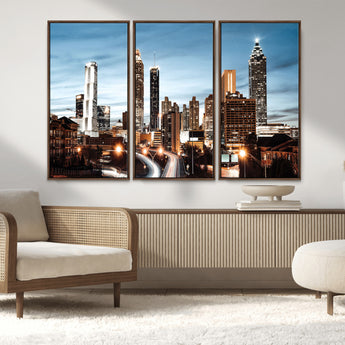 23859158-MGV-FC-48X32-3P_Walnut-Atlanta Skyline Wall Art – Modern Cityscape Canvas Print with Night Lights and Traffic Trails, Urban Decor for Office, Apartment,